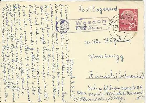 BRD 1956, Landpost Stpl. Wasach über Oberstdorf auf Karte m. 20 Pf. #2164