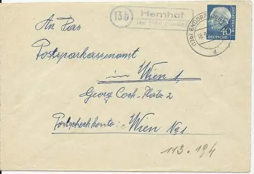 BRD 1957, Landpost Stpl. 14a Hemhof über Endorf auf Brief m. 40 Pf #163