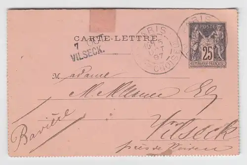Bayern 1897, Vilseck, L2 Aushilfstempel auf 25 C. Karten Brief v. Frankreich.