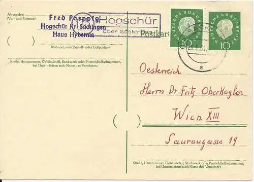 BRD 1961, Landpost Stpl. 17b Hogschür über Säckingen auf Ganzsache n. Wien #2345