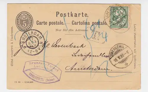 Schweiz 1899, 5 C. Zusatz auf 5 C. Ganzsache Karte v. Oberuzwil nach NL. #2470