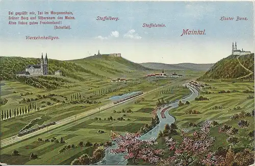 Staffelstein, ungebr. Panorama AK. m Maintal u. Eisenbahn Zug. #611