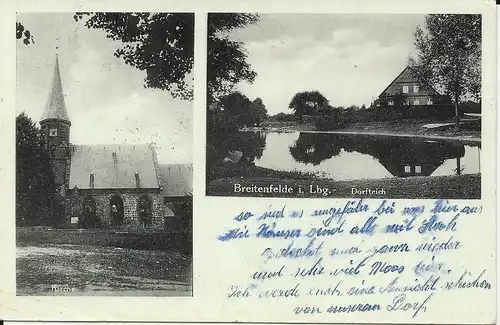 Breitenfelde i. Lauenburg, gebr. sw AK m. Dorfteich u. Kirche. #3102