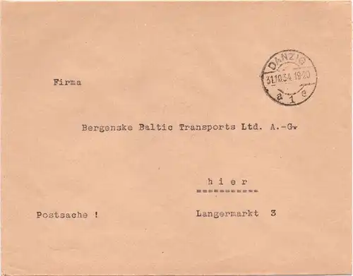 Danzig a 1e 1934, portofreier Brief  " Postsache ". Rücks. Amtssiegel. #60
