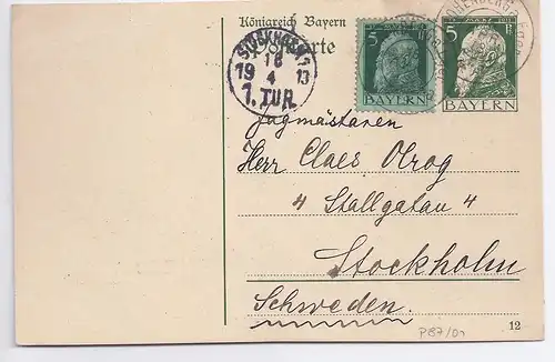 Bayern 1913, Brief Stpl K2 Hohenberg a Eger, Ganzsache m Zusatz n Schweden.#533