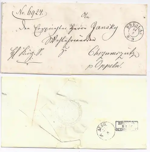 Preussen, K2 Breslau auf  Brief m. rücks. Bahnpost Stpl. Breslau Myslowitz.#1074