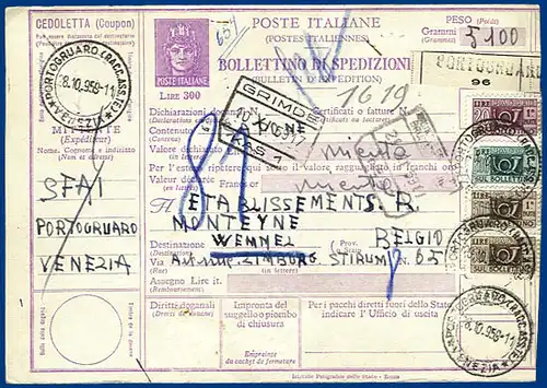 Italien AP 126, gebr. 300 L. Paketkarte Ganzsache Venezia - Belgien. #1001