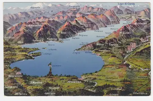 Italien, Trentino, Lago di Garda, schöne alte ungebr. Farb Panorama AK.  #1800