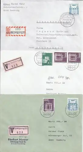 BRD, 3 Brief m. versch. eingestempelten Bamberg Einschreiben-/Wert-Zetteln #1552