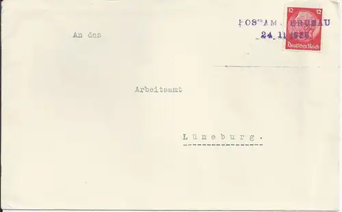 DR 1938, Not L2 Postamt Brusau (Tschechien) auf Brief m. 12 Pf. #1188