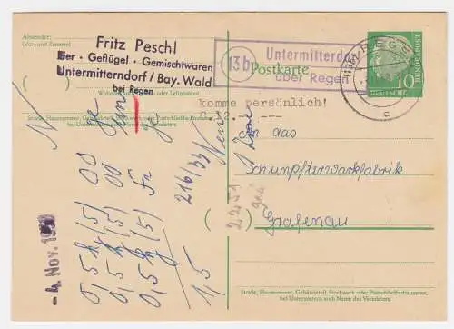 1958, Landpoststempel Untermitterdorf über Regen klar auf Heuss Ganzsache. #2013