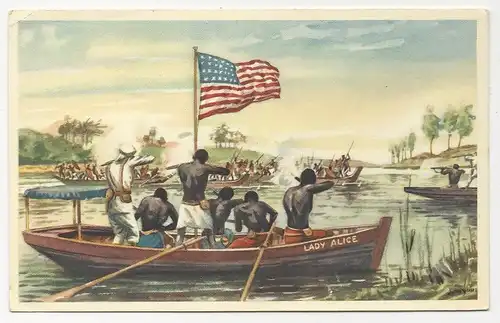 Belgien Congo, "Angriff der Basoko Krieger", Farb Sammelbild. #2055