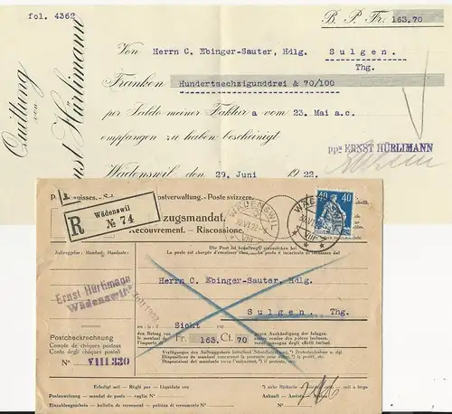 Schweiz 1922, 40 C. auf Einzugsmandat Brief m. Inhalt v. Wädenswil. #473