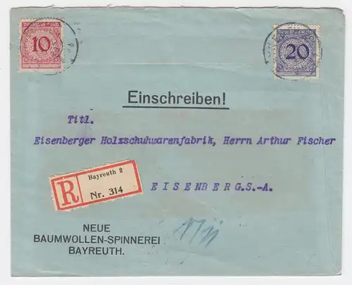 DR 1925, Bayreuth, portorichtiger Firmen Einschreiben Brief n. Eisenberg. #2196
