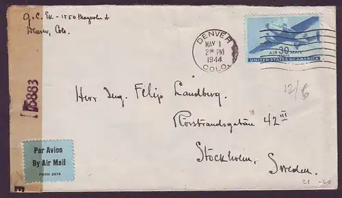 USA 1944, WW II Luftpost Zensur Brief v. Denver ins neutrale Schweden. #998