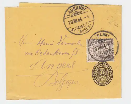 Schweiz 1904, 2 C. Ganzsache Streifband m. Zusatz v. Lausanne n. Belgien. #2073