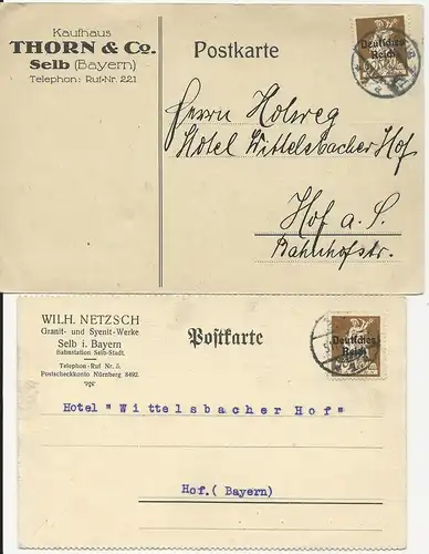 DR 1921, 2 Firmen Vordruckkarten v. Selb, je m. 40 Pf. n. Hof. #1236
