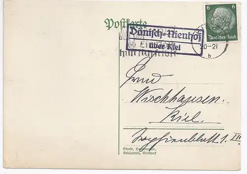 DR 1938, Dänisch Nienhof über Kiel, Landpoststempel auf Karte m. 6 Pf.. #1735