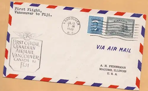 Canada Fiji 1949, First Flight cover Vancouver Fiji m. Ankunftstempel. #928