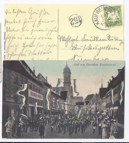 Kaufbeuren 1910, Gruss v. Tänzelfest, Farb  AK gebr. m. 5 Pf.. #706