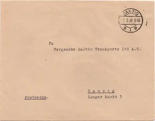 Danzig 1936, Brief "Postsache". Portofreiheit. Rücks.Telegraphenamt Siegel. #691