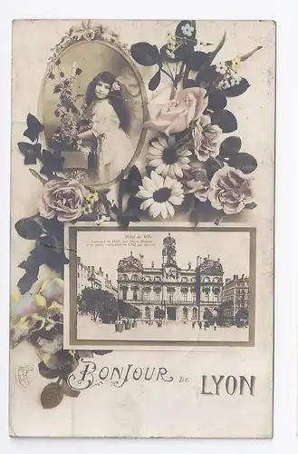 Frankreich 1912, Bonjour De Lyon mit Hotel de Ville, gebr. color.-Foto-AK. #713