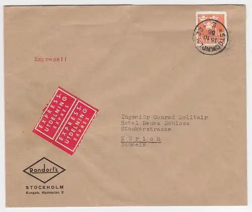 Schweden Schweiz 1955, EF 1 Kr. auf Bedarfs Eilboten Express Brief. #s760