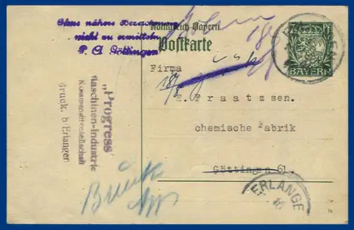 Bayern 1917, Retour Ganzsache Bruck bei Erlangen - Göttingen (P.A.Stpl.). #S135