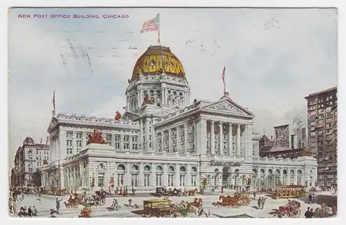 USA 1911, Chicago, New Post Office Building, gebr. Farb AK m. Pferde Tram. #1404