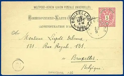 Österreich 1890, K1  KALKSBURG (Nö.) auf 5 Kr. Ganzsache n. Belgien. #S256