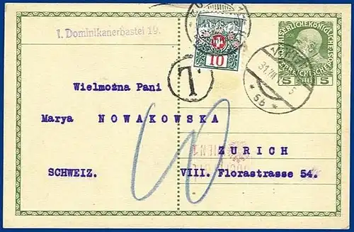 Österreich 1915, Ganzsache v. Wien  m. Schweiz Portomarke. #S224
