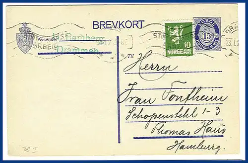 Norwegen 1926, Ganzsache 78 I m.Zusatzfr. v. Drammen  n. Dt. #S125