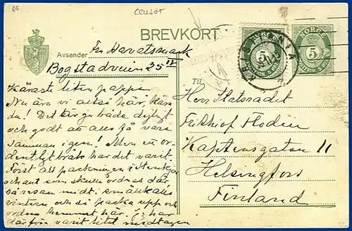 Norwegen 1915, 5 öre Ganzsache m. Zusatzfrankatur u. Finnland Zensur. #S263