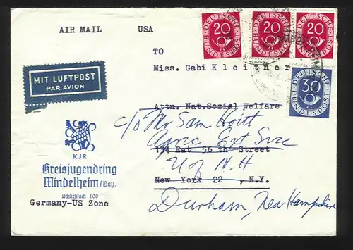 BRD USA, Kreisjugendring Mindelheim, Luftpost Brief m. 4 Posthorn Marken. #1315