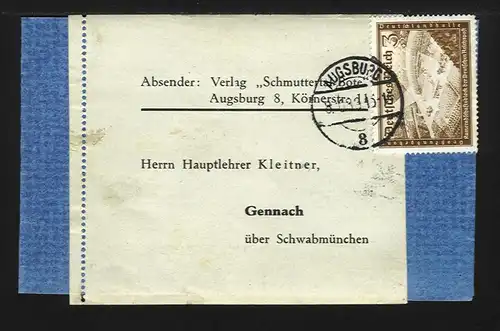 DR 1939, EF3+2 Pf Kameradschaftsblock auf Drucksachenschleife v. Augsburg. #1201
