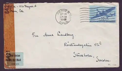 USA 1943, WW II Luftpost Zensur Brief v. Denver ins neutrale Schweden. #995