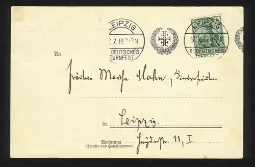 DR 1913, Leipzig XI Dt. Turnfest, Maschinen Sonderstpl. auf Karte m. 5 Pf. #1208