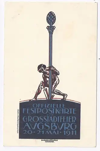 Bayern 1911, Augsburg, offiz. Festpostk. Großstadtfeier, ungebr.Farb AK. #986
