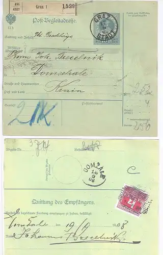 Österreich 1908, Domzale, 2 versch. Stpl. rücks. a. Paketadresse  v. Graz. #84