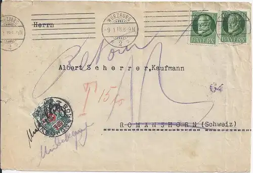 Bayern1918, 2x7 1/2 Pf. auf Brief v. Würzburg m Schweiz 15 C. Portomarke. #1410