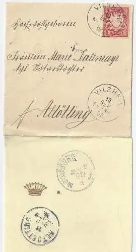 Bayern 1896, K1 Vilsheim auf Brief m. 10 Pf u. rs. Farbprägedruck "Krone". #2859