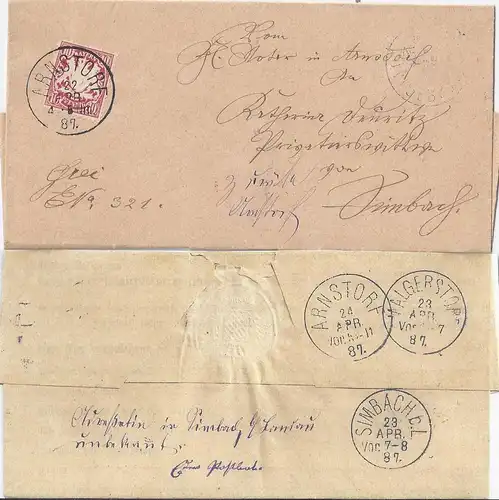 Bayern1887, K1 Arnstorf auf Retour Brief m. 10 Pf. u. vielen Stempeln. #2863