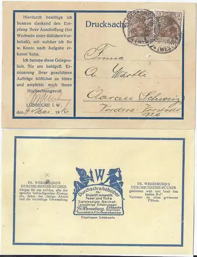DR 1916, 2x3 Pf. auf illustrierter Reklame Karte v. Lübbecke i.d. Schweiz. #2877