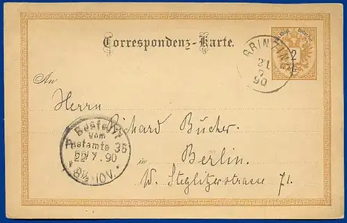 Österreich 1890, K1 "GRINZING (Nö) auf Ganzsache n. Berlin. #S473