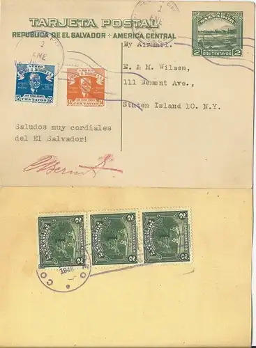 El Salvador 1946, 2 C. Ganzsache m. Zusatzfr. n. USA.  #2846