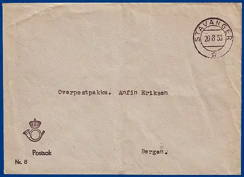 Norwegen, portofreie Postsache Brief v. Stavanger 1953. #S799