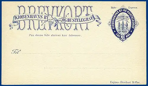 Dänemark Bypost Kopenhagen, ungebr. 3 öre Ikke Expres Ganzsache Karte #S558