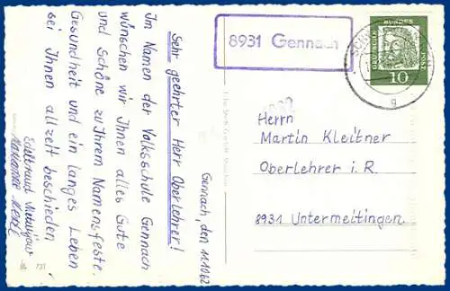 BRD 1962, 8931 Gennach, Land-Poststelle II-Stempel auf AK m. 10 Pf. #S545