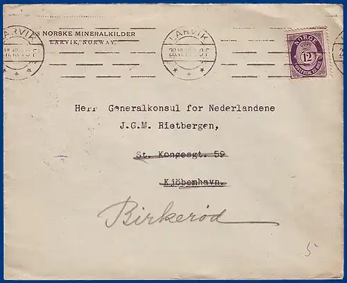 Norwegen 1918, Larvik, Brief m.  EF 12öre nach Dänemark. #S819