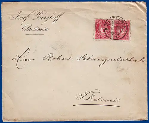Norwegen 1900, Paar 10 öre auf Brief v. Kristiania i.d Schweiz. #S825